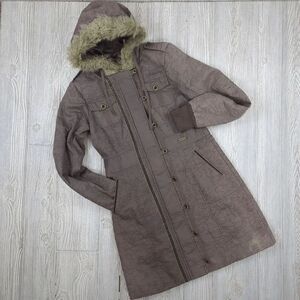 Vintage Billabong Women’s Medium Gray Long Overcoat Jacket Fur Hooded